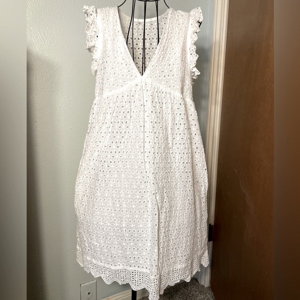 White‎ Eyelet Sundress Babydoll V-neck Dress